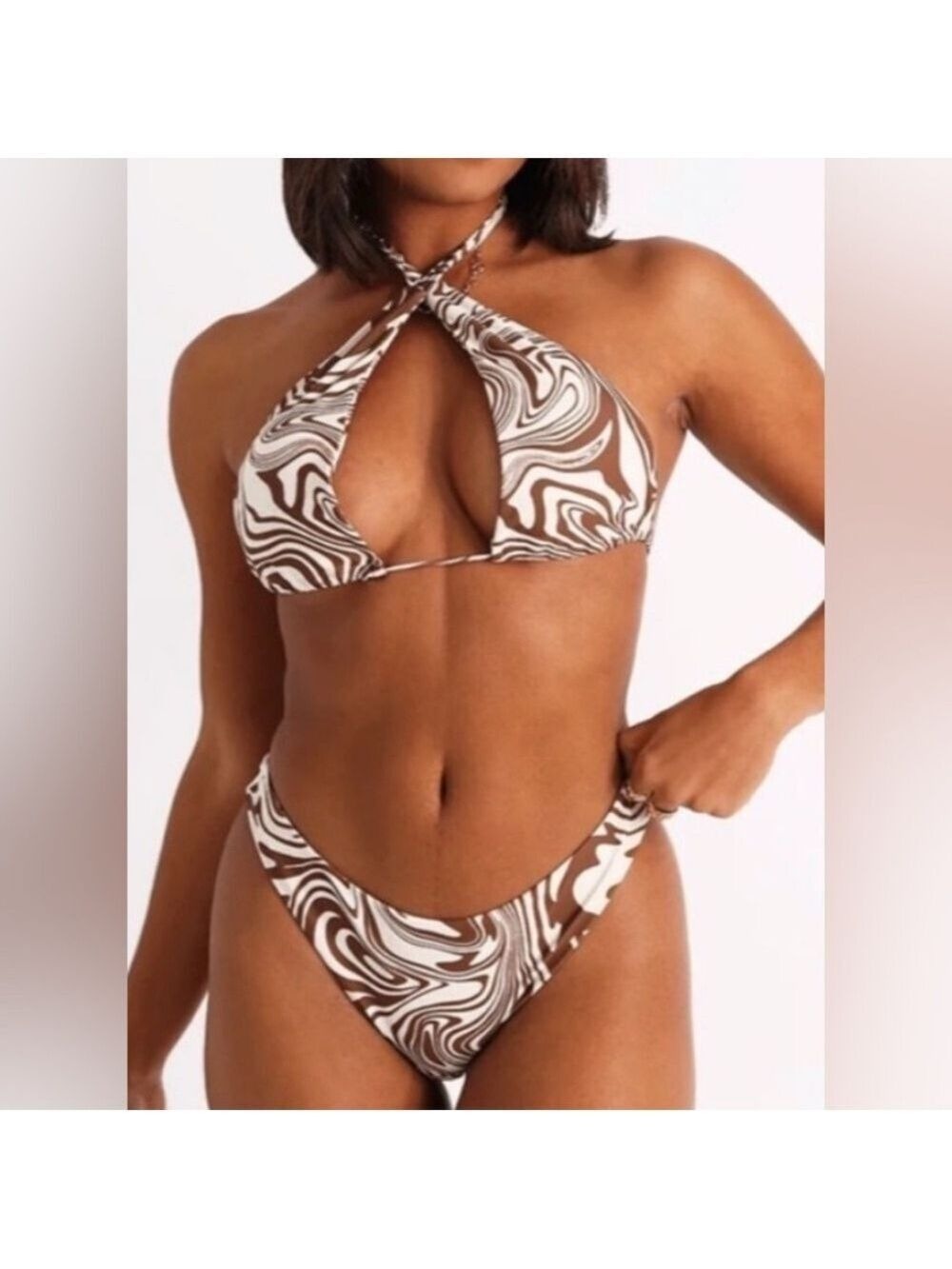 Aurelle Fiji Swirl Triangle String Halter Bikini And Classic Bottoms in Brown